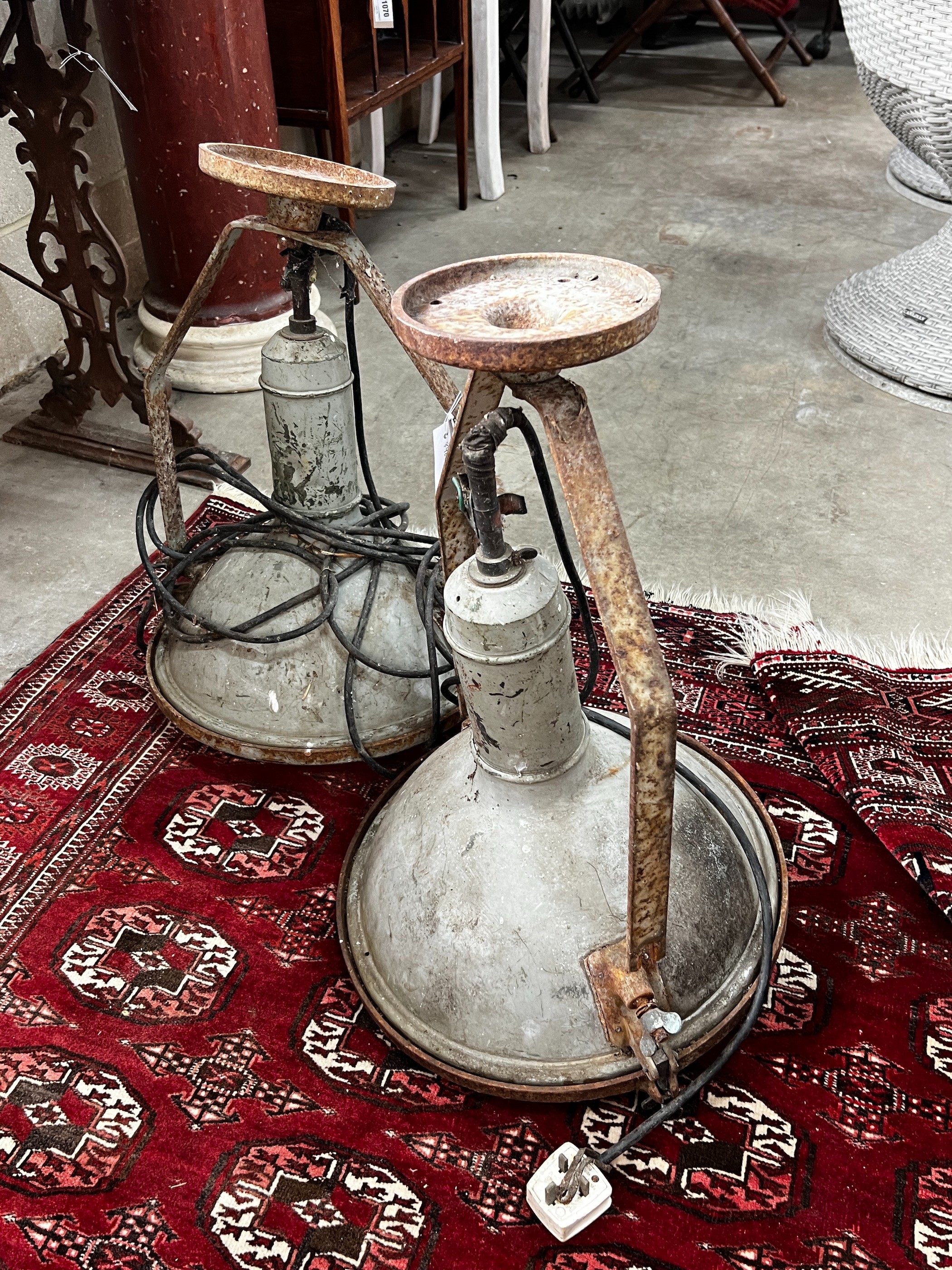 A pair of industrial style ceiling lights, height 56cm